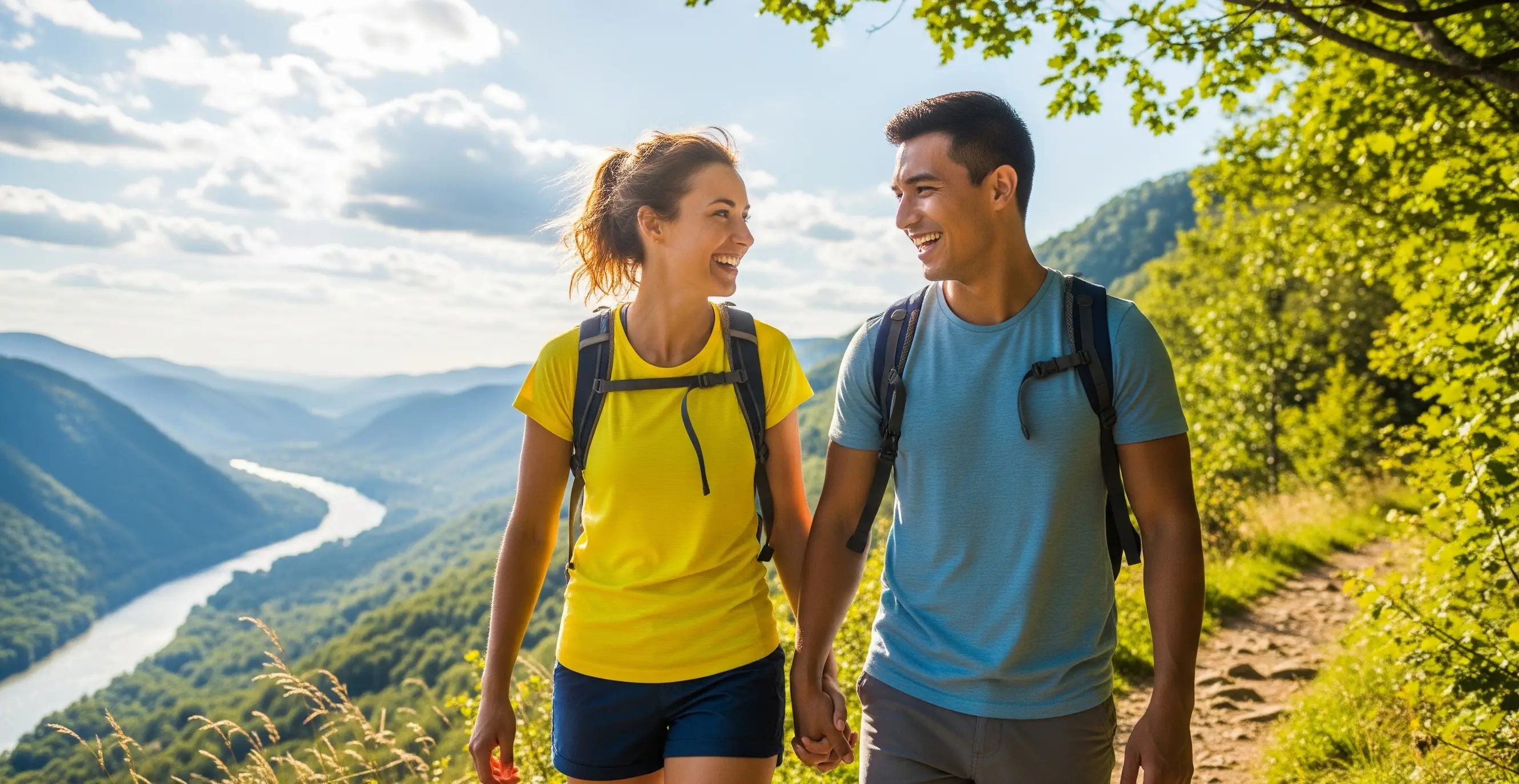 A Young Couple Laughing While Hiking On A Sunny Day