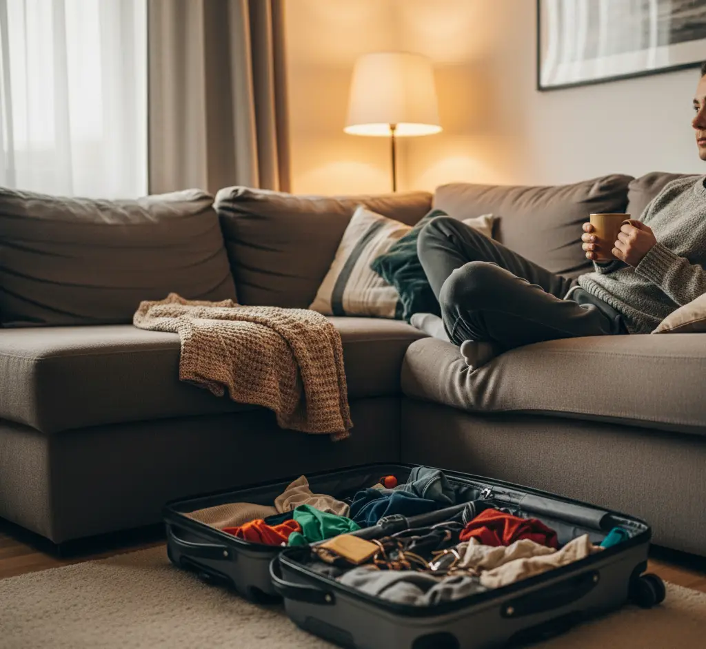A Relaxed Person Lounging On A Comfortable Sofa With A Cup Of Tea Or Coffee